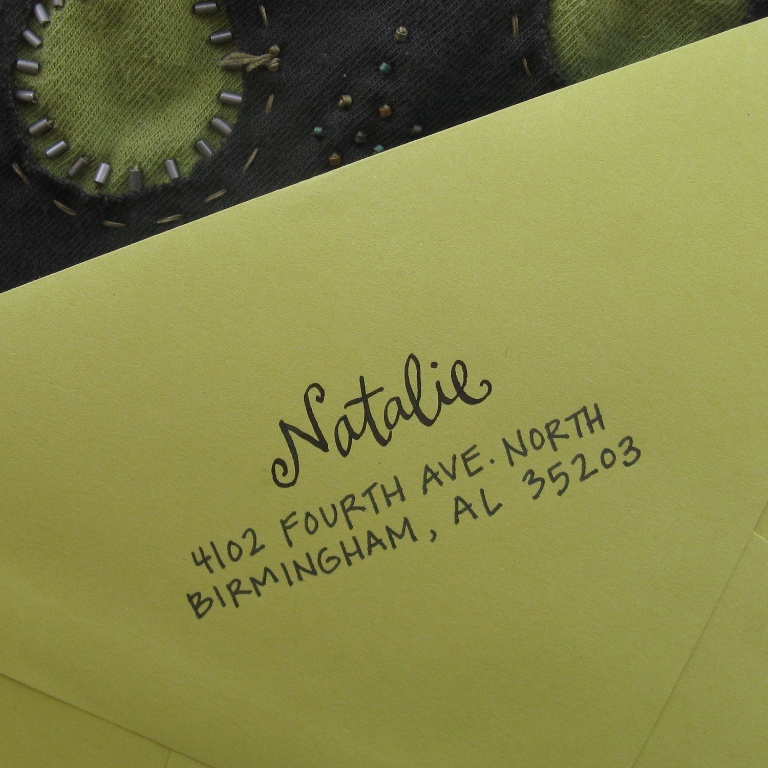 Natalie Address Stamp (Red Rubber on Wood Block)