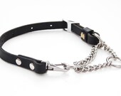 Martingale Collar--adjustable leather and chain collar, BLACK and Stainless Steel SMALL