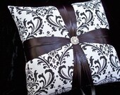 Madison Damask White Black  with Rhinestone Accent Bridal Wedding Ring Bearer Pillow