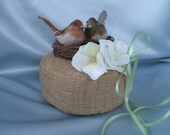 Ring Pillow Woodland Unique Ring Pillow Brown Birds Nest White Flower Blooms Clover Ties Rustic Autumn Wedding Ring Bearer Pillow
