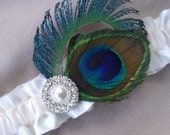 Peacock Feather Garter Ivory Rhinestone Pearl Accented Bridal Wedding