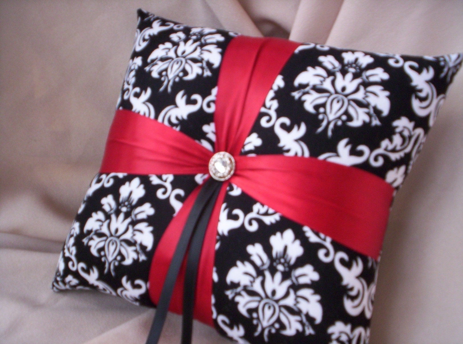 Damask Black White Apple Red Bridal Wedding Ring Bearer Pillow