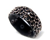 Leather Bracelet with Chain copper rings on black leather cuff