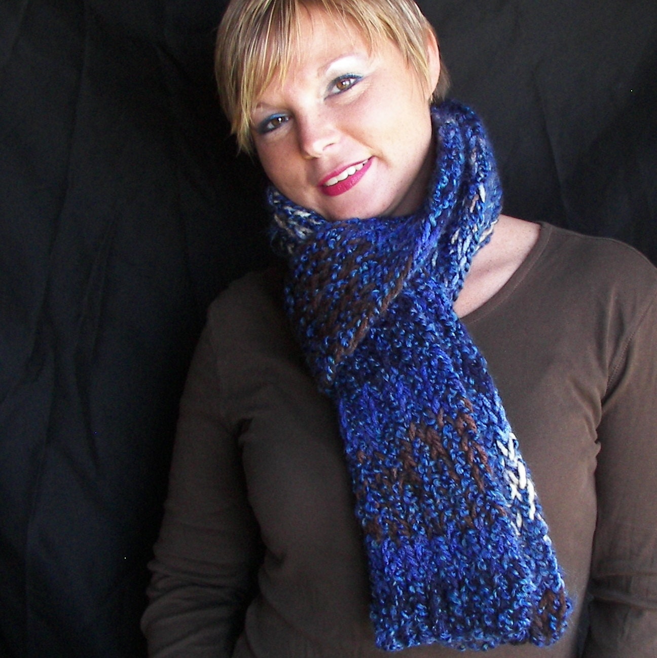 Women's Winter Scarf in Dark Blue and Brown