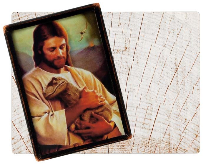 Handmade Copper Mirror / Pocket Mirror / Purse Mirror / Jesus holding Dinosaur humor