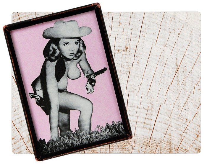 Handmade Copper Mirror / Pocket Mirror / Purse Mirror /  50s Sexy Nude Pinup Cowgirl with Gun Photography