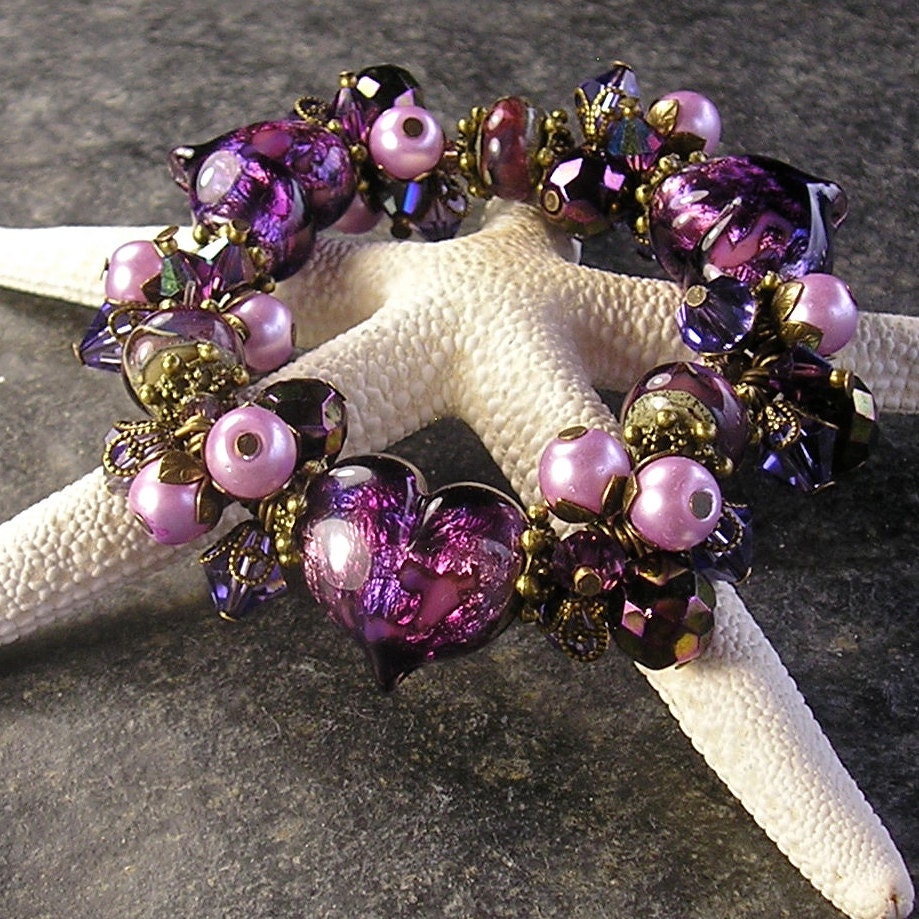 Wearing My Heart on My Sleeve, stretch bracelet, Chunky Charm Bracelet, Lampwork heart beads, purple, organic, design by Xanna