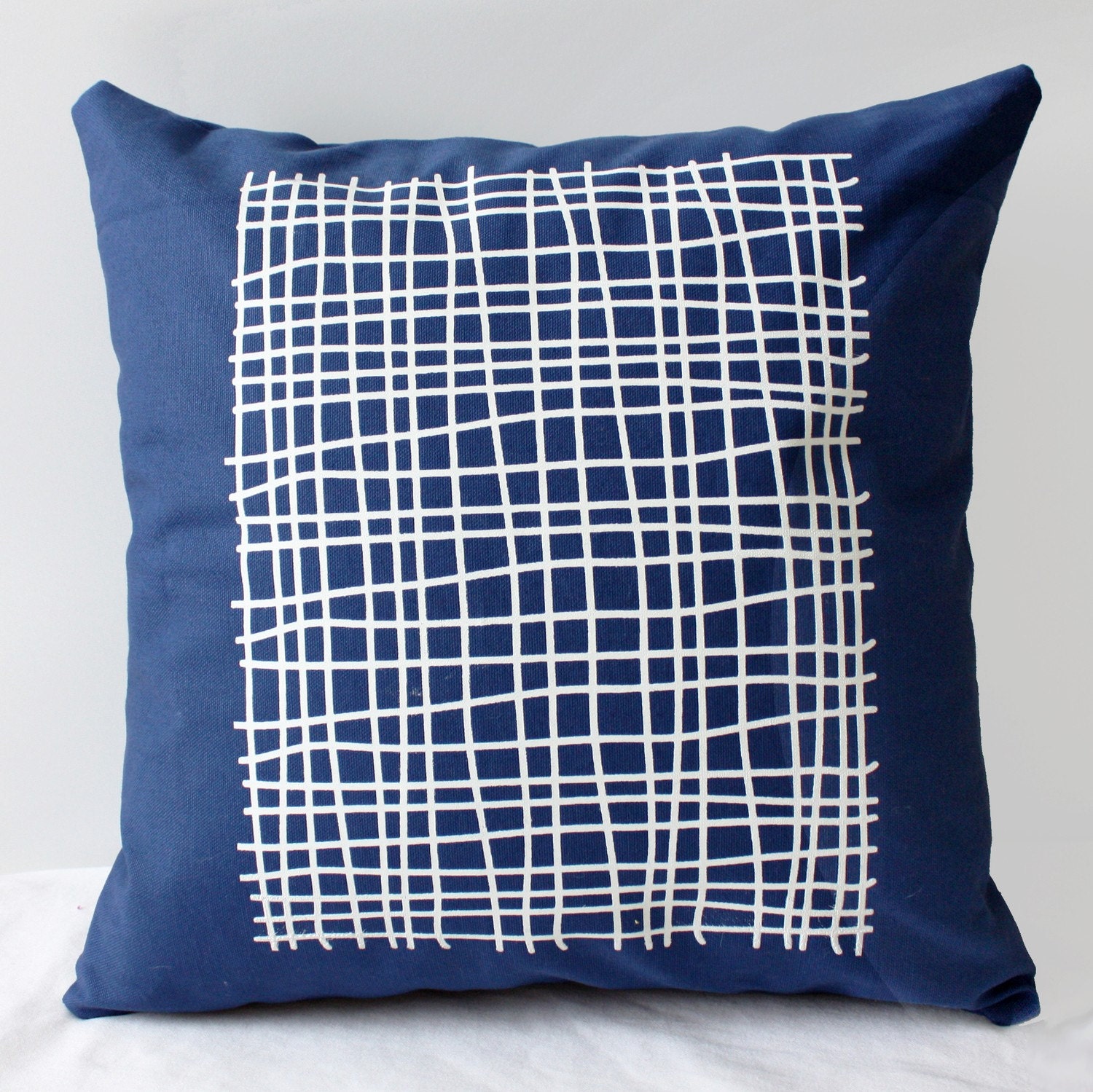 16 in Square Throw Pillow - Navy Blue with Modern Grid print in white ink - wickedmint