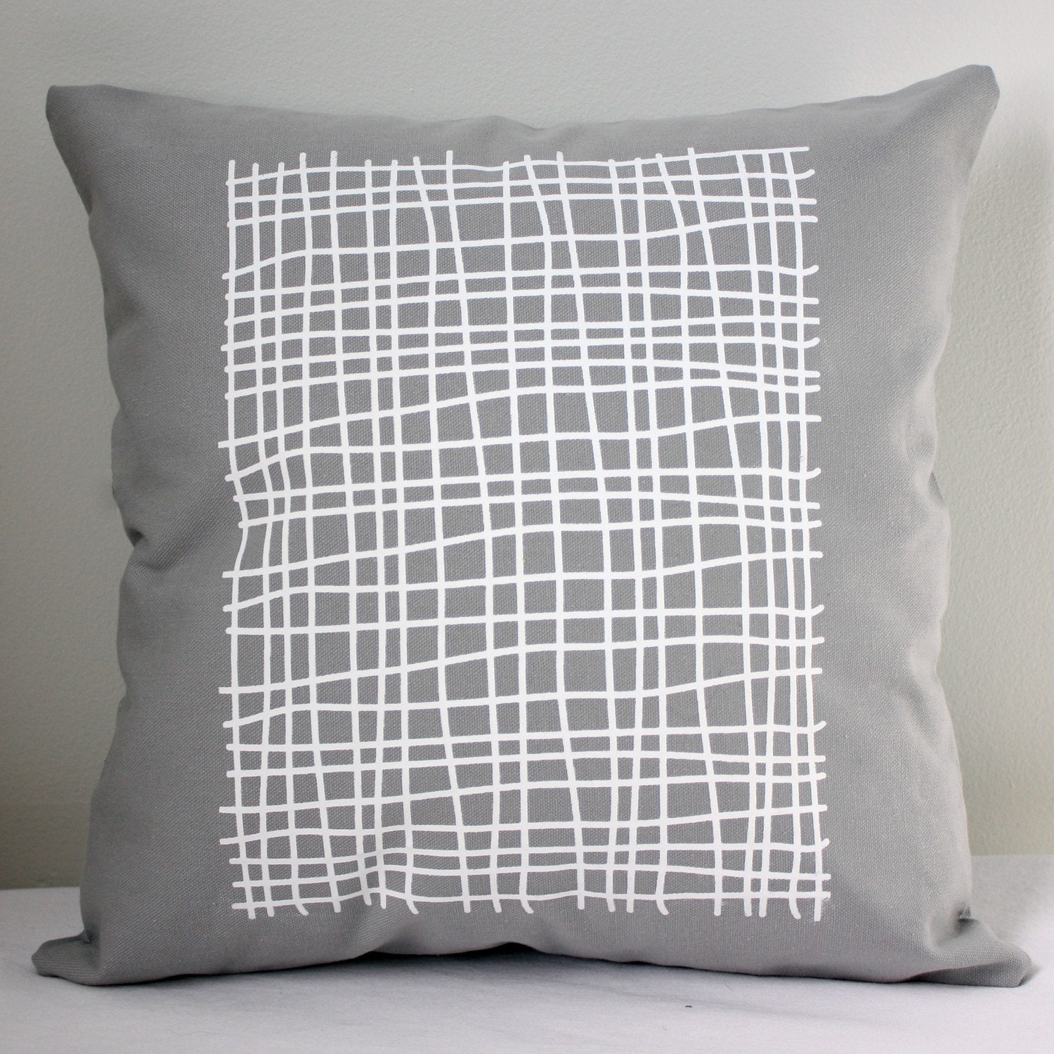 16 in Square Throw Pillow - Light Gray with Grid print in white - wickedmint