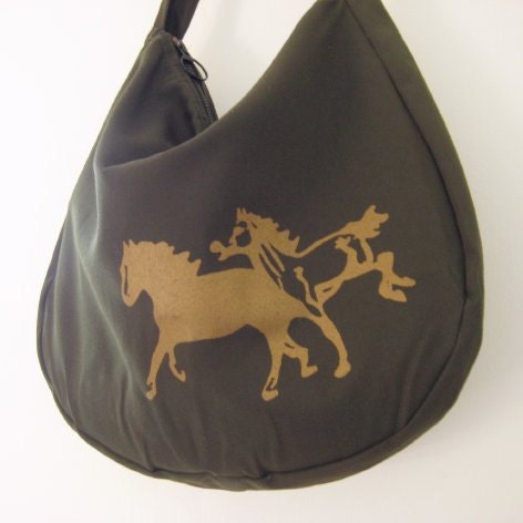 Slouchy Shoulder Bag in Olive Green with Stallions print - wickedmint