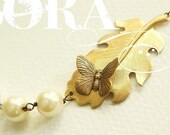Butterfly and Pearl Necklace, Leaf and pearl necklace, Mad Man vintage style necklace