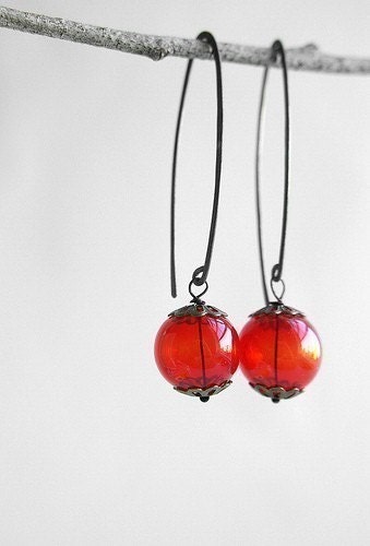 Red sphere glass earrings- red lantern oxidized sterling silver earrings, red glass bubble hand hammered wire