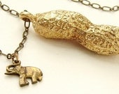 Circus Peanut Necklace- life size peanut necklace in bronze and elephant charm, gold peanut necklace