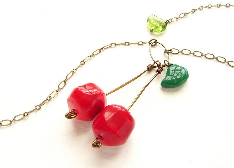 Red Cherry Necklace, Happy Go Lucky - Limited edition cherry stem vintage deep green glass leaf Red cherry jewelry