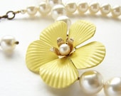 Vintage Buttercup Pearl Necklace - vintage lemon yellow flower brooch necklace, bridal pearl bridesmaid statement necklace