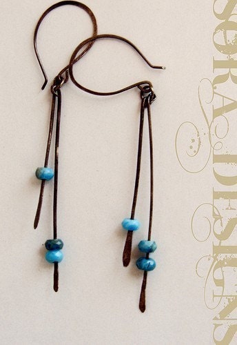 blue stones earrings - sleek modern metal earrings, blue agates oxidized sterling silver hammered earrings