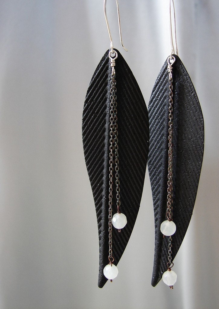 Black Metal Feathers Earrings - oxidized sterling silver chain tassel cascade earrings