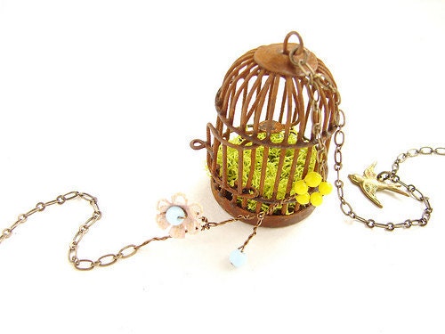Rustic Bird Cage necklace, vintage glass beaded flower, flying bird necklace floral jewelry spring garden