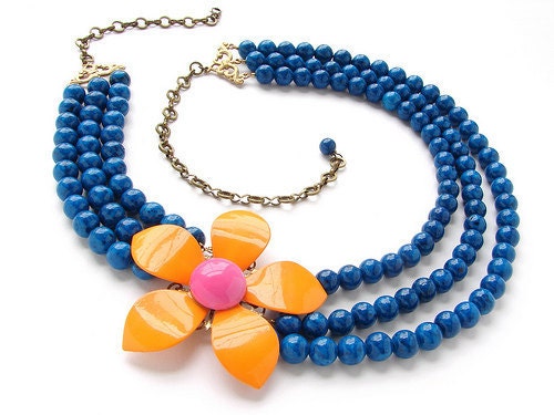 Tangerine Orange Statement jewelry, Vintage OOAK Flower Brooch Necklace, orange Pink, peacock teal necklace, vintage brooch statement