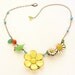 Vintage Yellow Buttercup Daisy Green Bird Necklace, Vintage Brooch orange flower bird necklace
