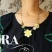 Vintage Yellow Buttercup Daisy Green Bird Necklace, Vintage Brooch orange flower bird necklace