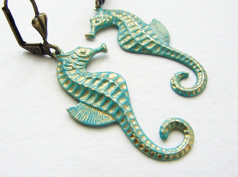 Seahorse earrings seahorse couple aqua teal gold tone seahorse couple earrings metal seahorse dangle earrings