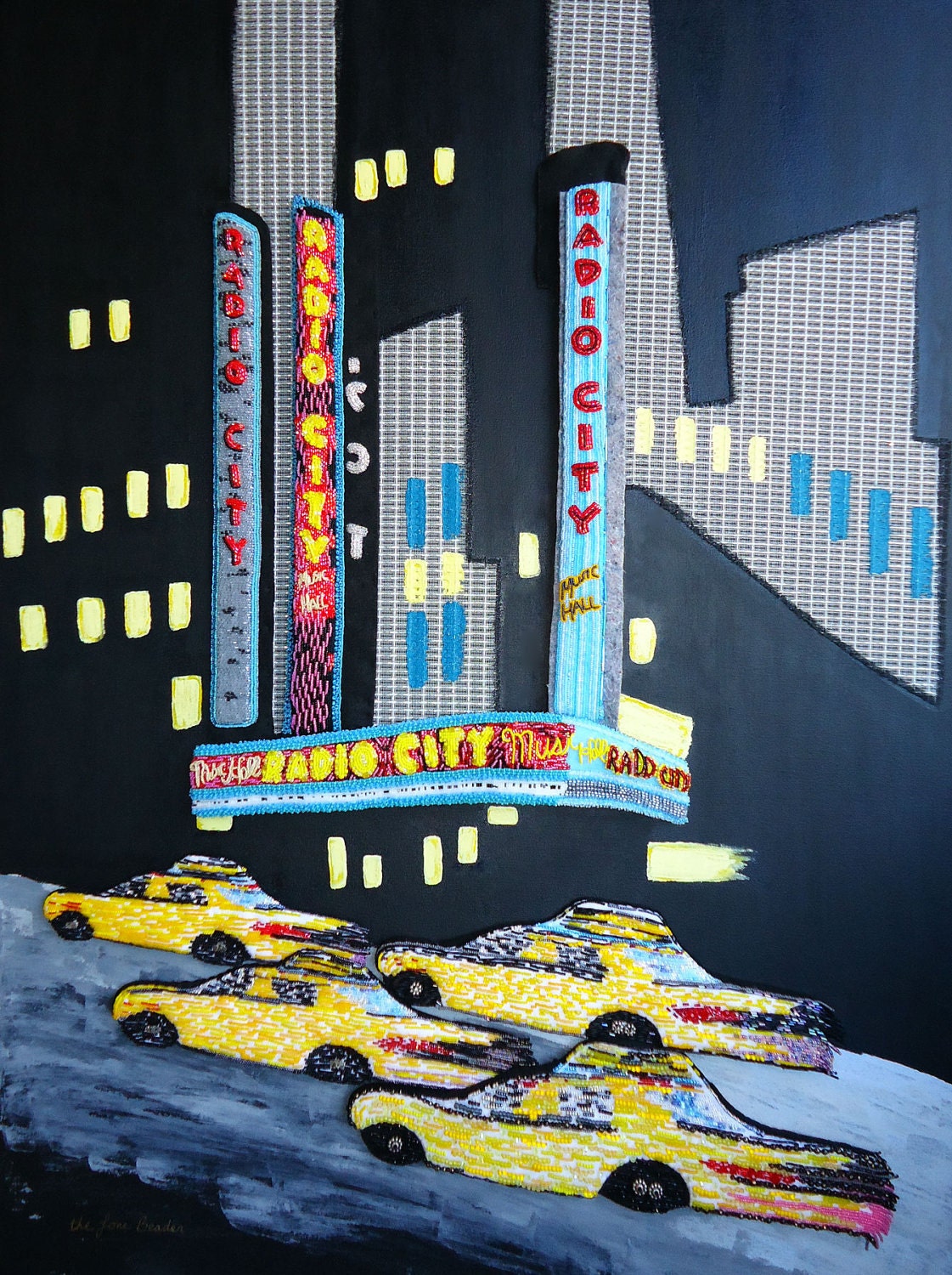 Beaded RADIO CITY music hall NYC mixed media painting art