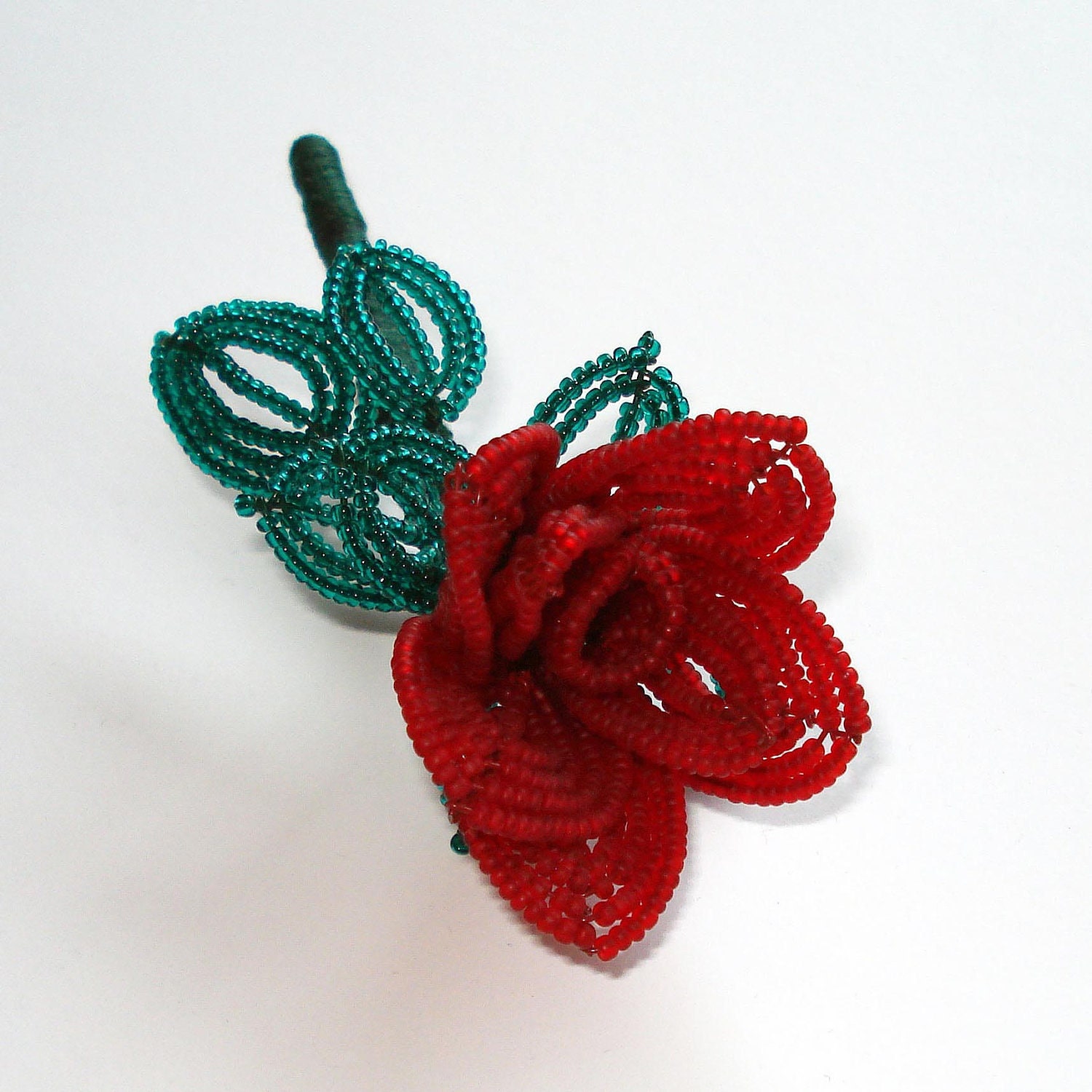 Valentine SWEETHEART ROSE realistic red French- beaded flower pin