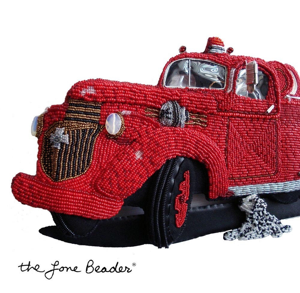 Beaded 1943 Chevy fire truck and Dalmatian dog relief art - ENGINE CO. 6