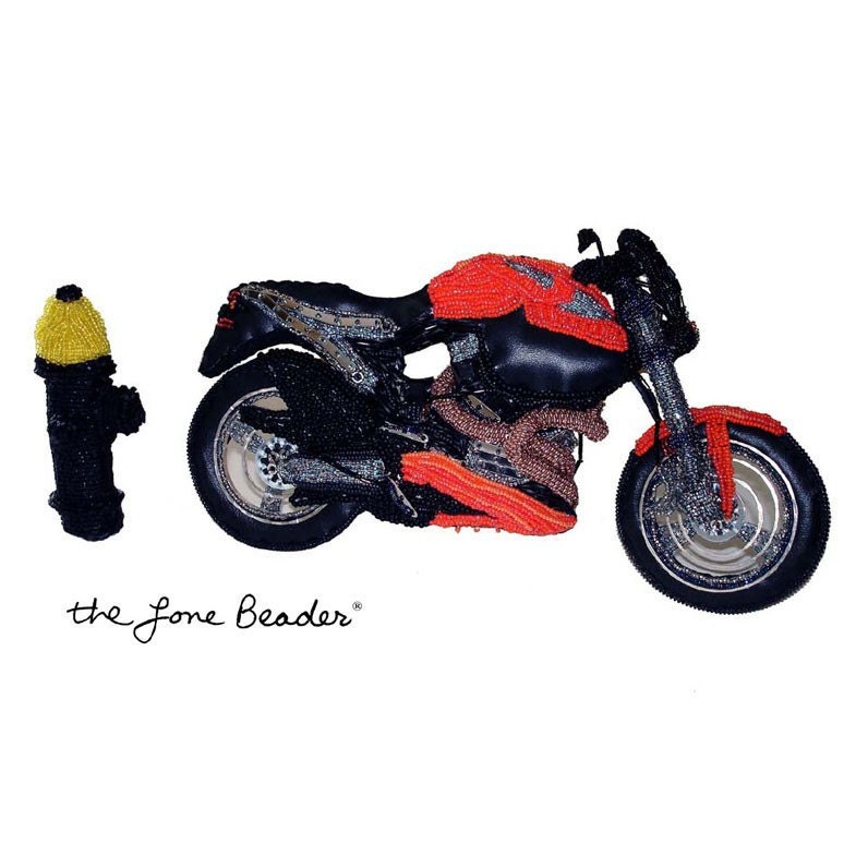 Beaded Motorcycle Fiber Art Replica w/ Fire Hydrant 'FREE PARKING SPOT'