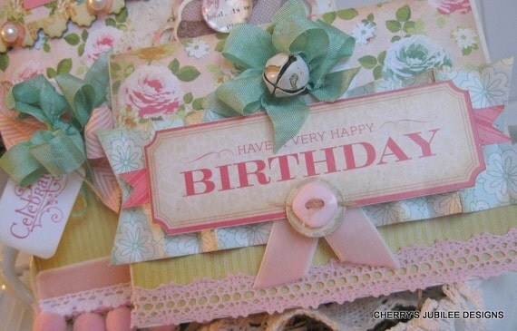 shabby chic Birthday cheer embellished pocket envelope and matching card decoration gift set