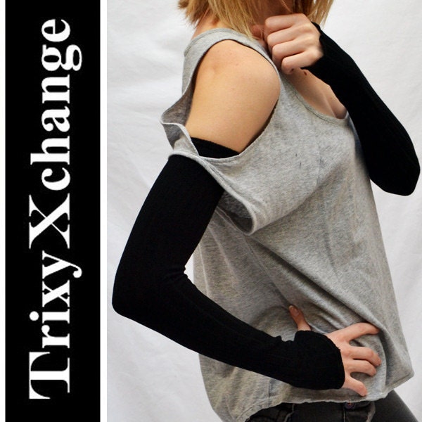 TRIXY XCHANGE - Extra Long Arm Warmers Fingerless Gloves Covers Black Ribbed - Plus Size Burlesque Yoga Bellydance Burning Man
