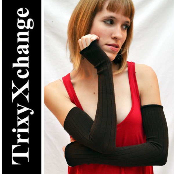 TRIXY XCHANGE - Brown Ribbed Extra Long Arm Warmers Fingerless Gloves Covers Plus Size Burlesque Yoga Bellydance Burning Man