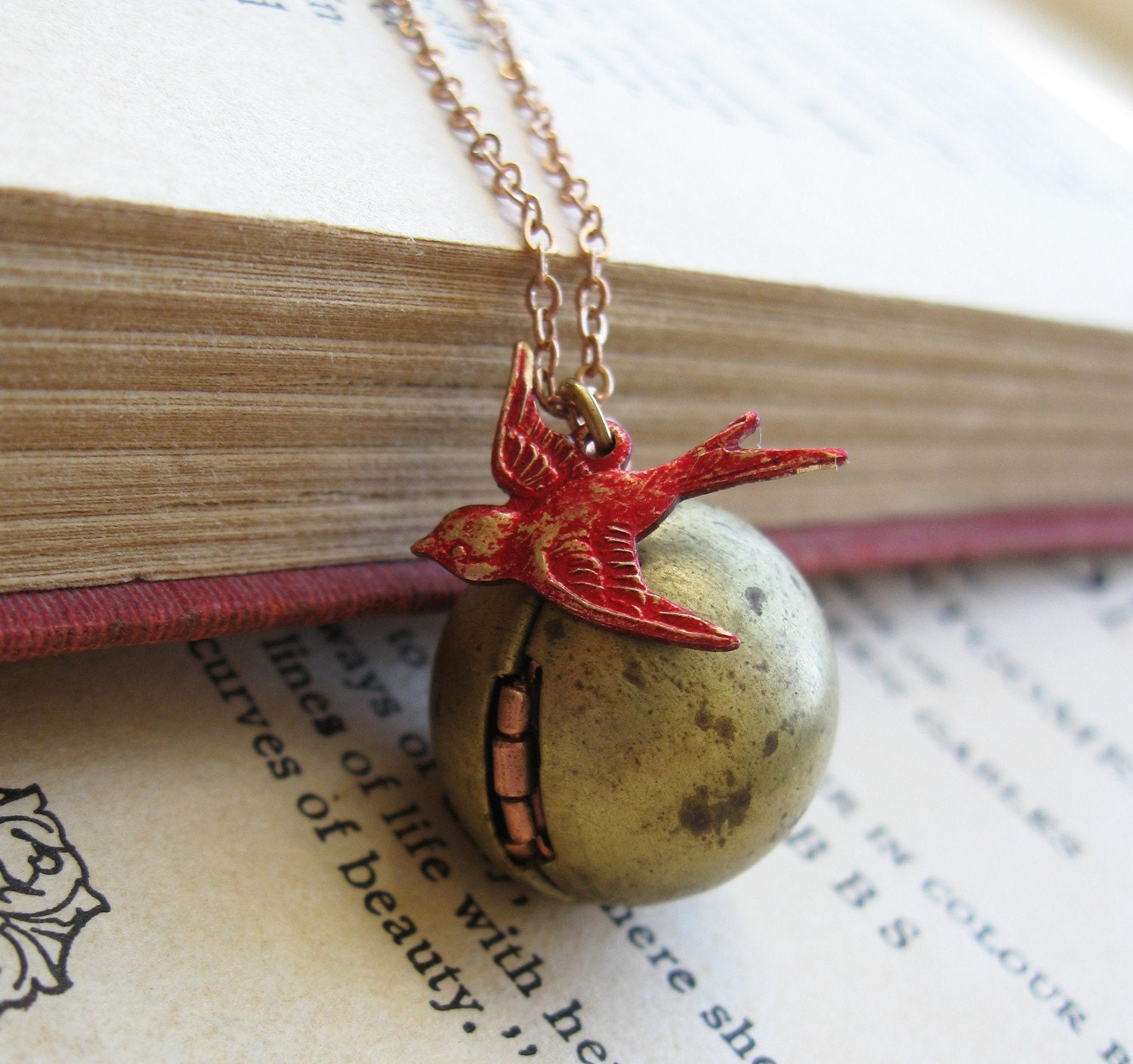 Vintage Brass Locket and Red Swallow Bird Necklace  - Fly Me To the Moon