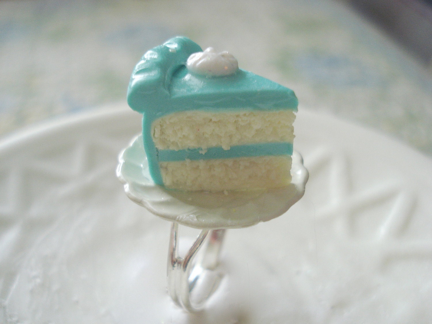 Teal Dream Cake Slice Adjustable Ring Miniature Food Jewelry