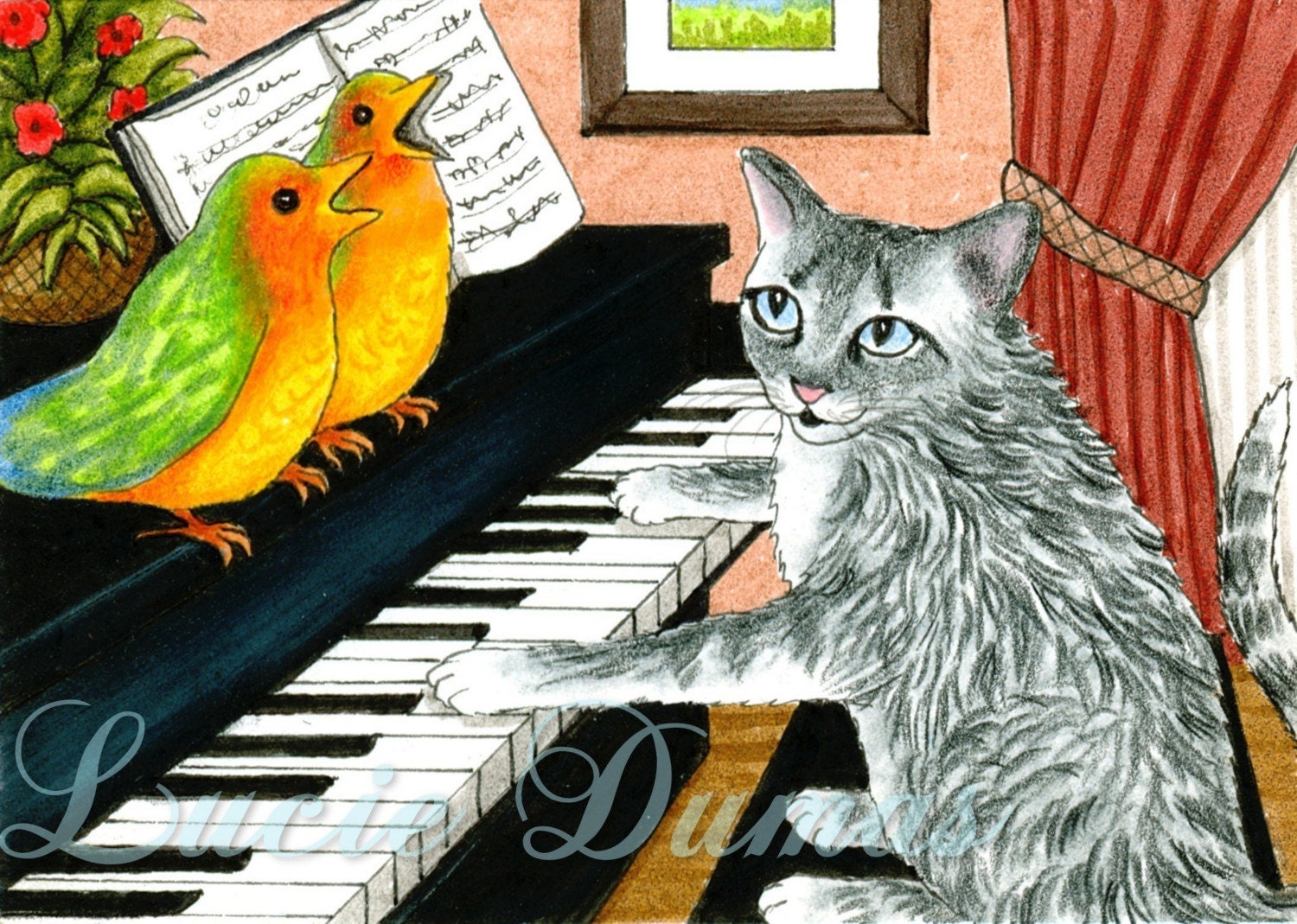 Art print 5x7 Cat 457 bird, funny painting by Lucie Dumas