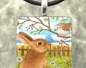 Art Glass Pendant 1x1 Jewelry Necklace from art painting Hare 26 Rabbit Bird by L.Dumas