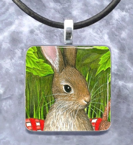Art Glass Pendant 1x1 Jewelry Necklace from art painting Hare 35 Rabbit by L.Dumas