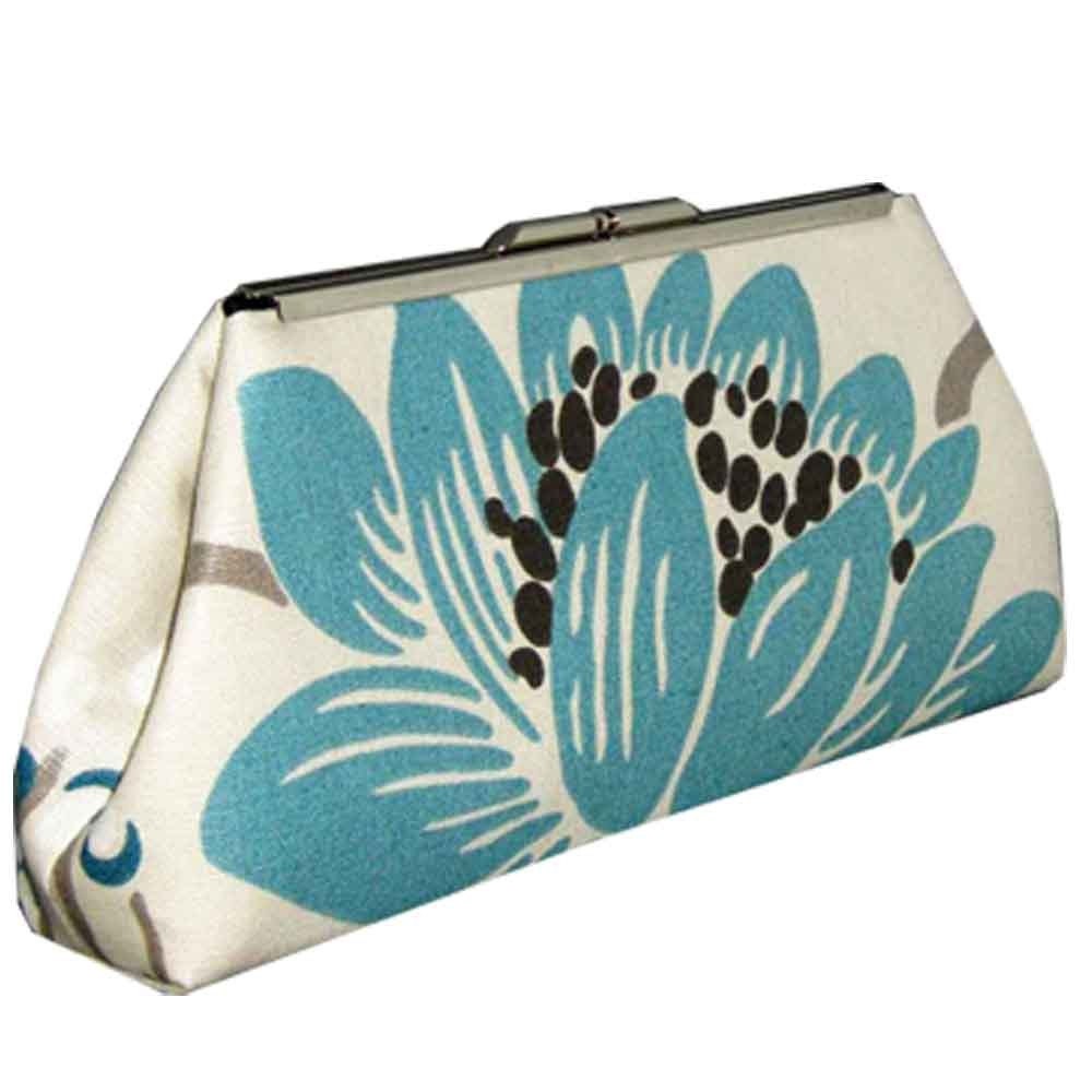 TEAL Lotus Flower Clutch -  Glazed Linen - Black Silk Lining