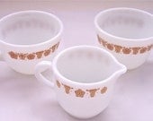 Vintage Pyrex Butterfly Gold Milk Glass Three Piece Set  Two Mugs and Creamer