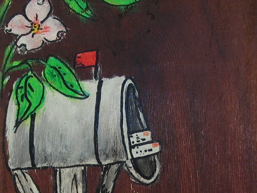 Vintage 1980s Shingle Painting Mailbox and Flowers Art