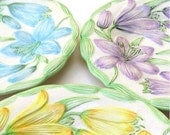 Retro Dishes Floral Salad Plates Vintage Handpainted Lilies in Yellow Purple and Blue