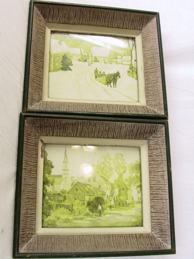 Shabby Chic Vintage Small Town Framed Pictures Set of Two