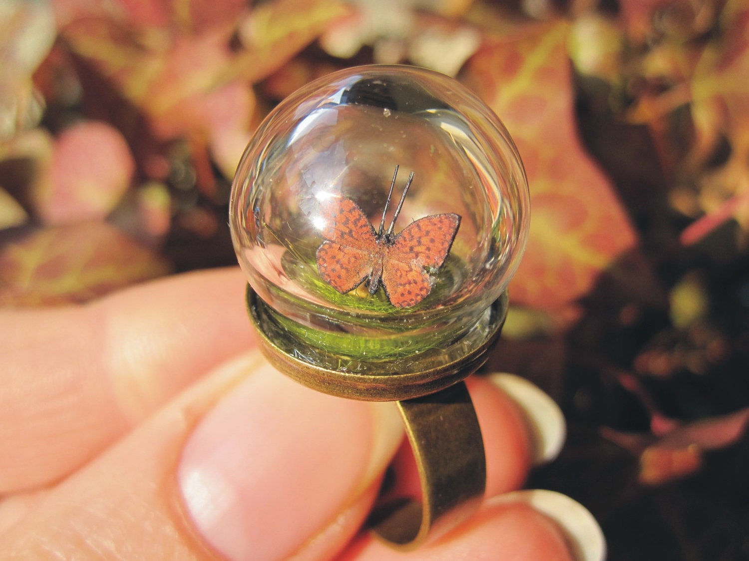Tiny World of Butterflies - OOAK Handmade Ring - Red Butterflies