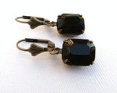Vintage Black Opaque Jewel Glass Rectangle and Brass Earrings