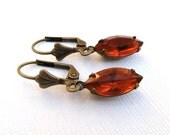 Vintage Orange Jewel Glass Marquis and Brass Earrings