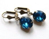 Vintage Bright Blue Jewel Glass Oval and Brass Earrings