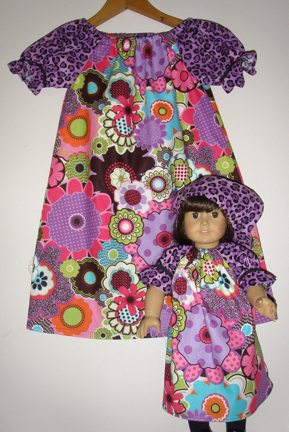 Purple floral and leopard print  short sleeve tunic dress with  matching American Girl  doll dress  (available in sizes 5  to 6)
