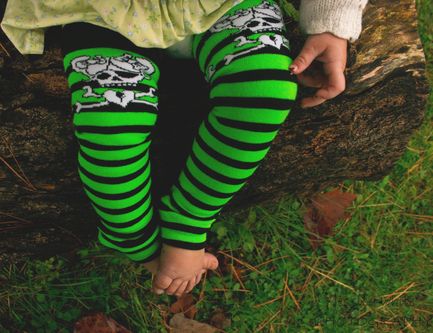 Crawler Covers Baby Leg Warmers---Black and Green Striped with Girly Skulls