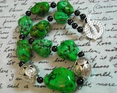 The Green Fairy necklace - magnesite, Hill Tribe silver, and black onyx
